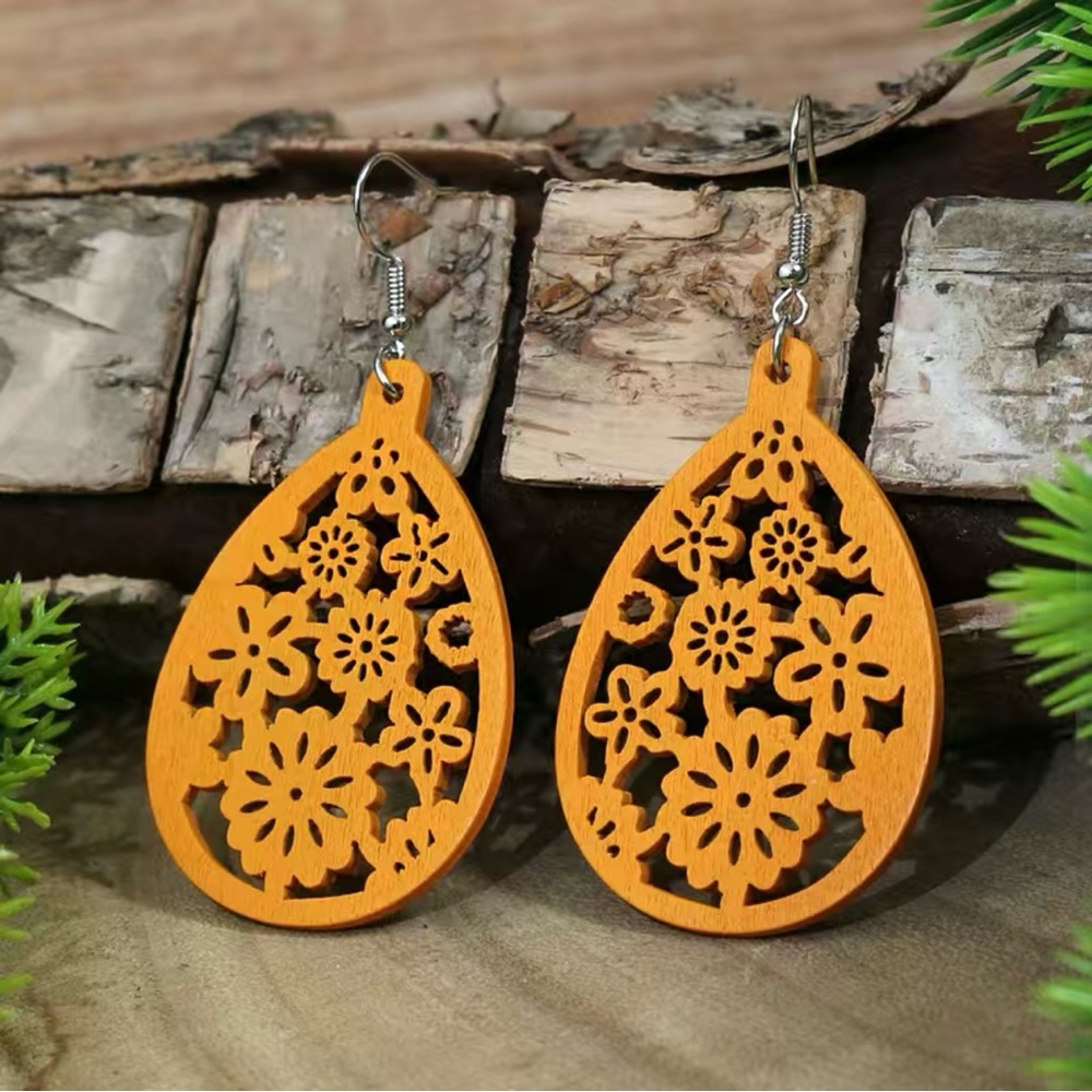 (NEW) Wooden Flower Earrings Teardrop Earrings Boho Bohemian Fishhook Earrings
